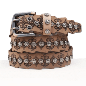 Ceinture cowboy cuir véritable conchos métalliques et bords festonnés