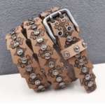 Ceinture cowboy cuir véritable conchos métalliques et bords festonnés (4)