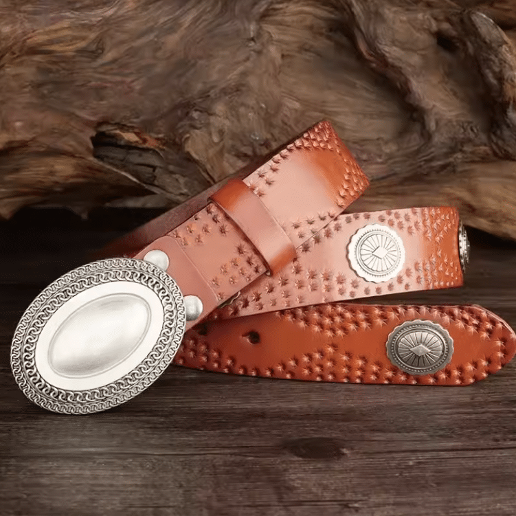 Ceinture cowboy en cuir noir avec grande boucle argentée vintage (1)