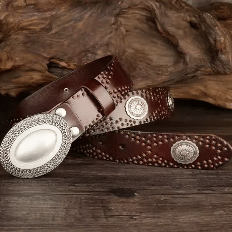 Ceinture cowboy en cuir noir avec grande boucle argentée vintage (2)
