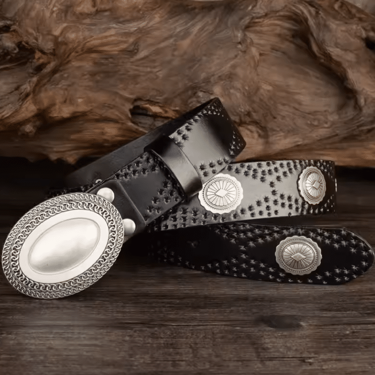 Ceinture cowboy en cuir noir avec grande boucle argentée vintage (3)