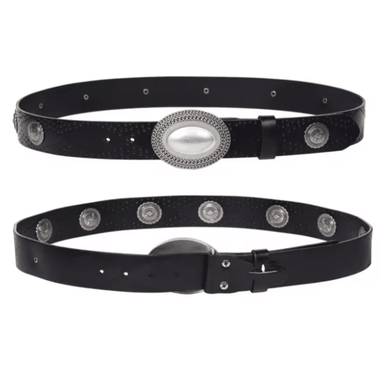 Ceinture cowboy en cuir noir avec grande boucle argentée vintage (4)