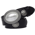Ceinture cowboy en cuir noir avec grande boucle argentée vintage (5)