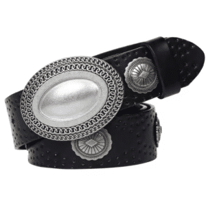 Ceinture cowboy en cuir noir avec grande boucle argentée vintage