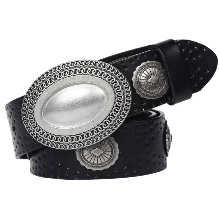 Ceinture cowboy en cuir noir avec grande boucle argentée vintage (5)