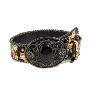 Ceinture cowboy femme noire fleurie à boucle médaillon vintage