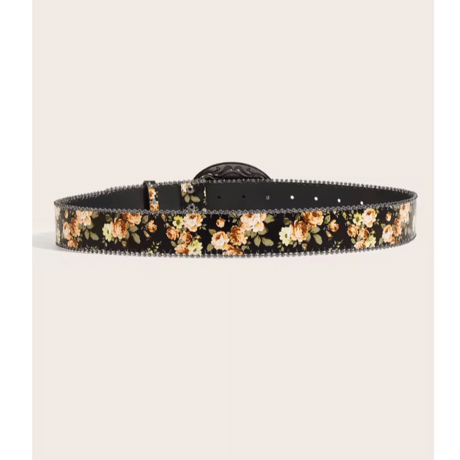 Ceinture cowboy femme noire fleurie à boucle médaillon vintage (2)