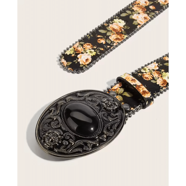 Ceinture cowboy femme noire fleurie à boucle médaillon vintage (3)
