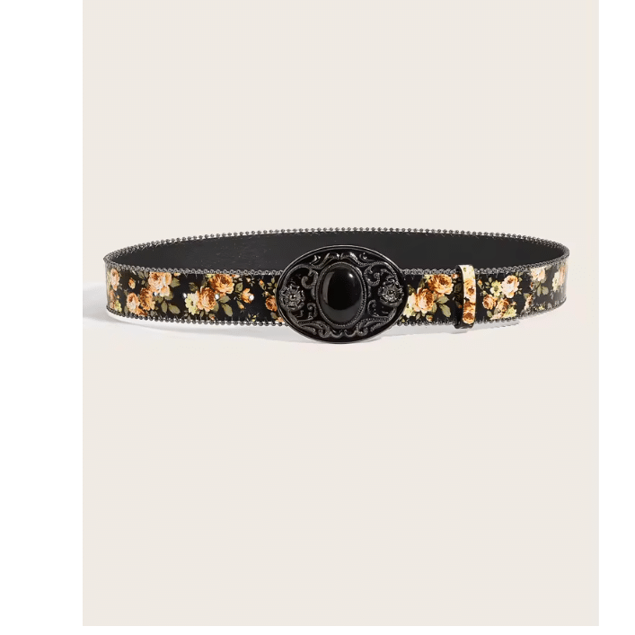Ceinture cowboy femme noire fleurie à boucle médaillon vintage (4)