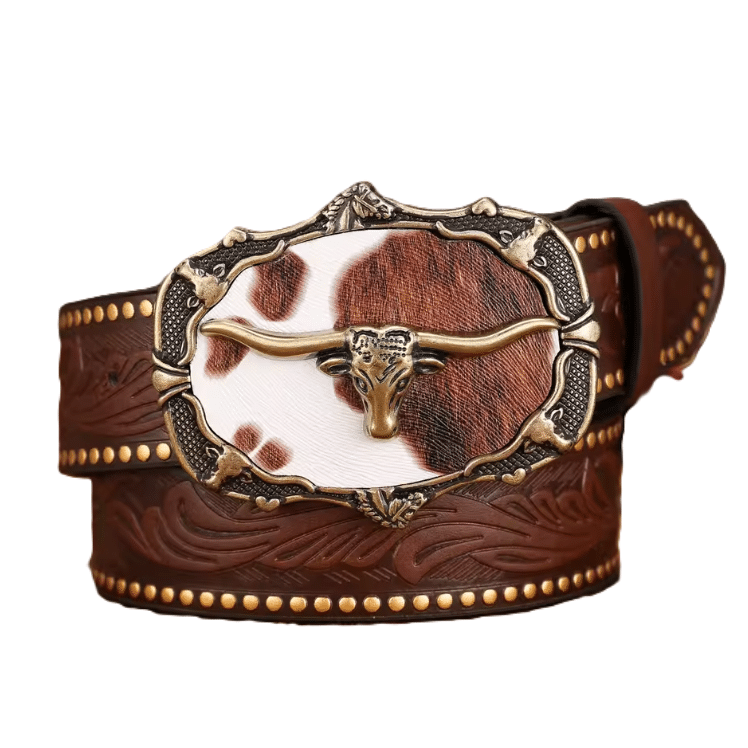 Ceinture cowboy marron avec grande boucle tête de taureau (1)