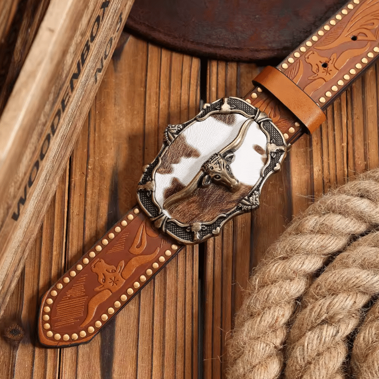 Ceinture cowboy marron avec grande boucle tête de taureau (2)