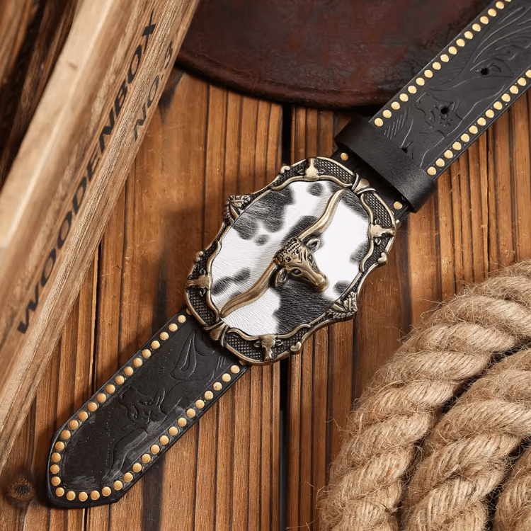 Ceinture cowboy marron avec grande boucle tête de taureau (3)