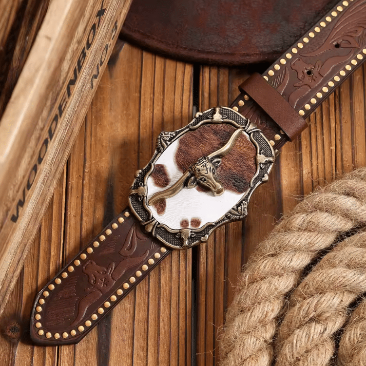 Ceinture cowboy marron avec grande boucle tête de taureau (4)