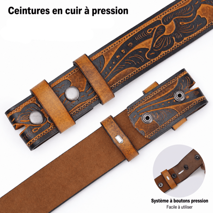 Ceinture cowboy marron cognac motifs western sans boucle (1)