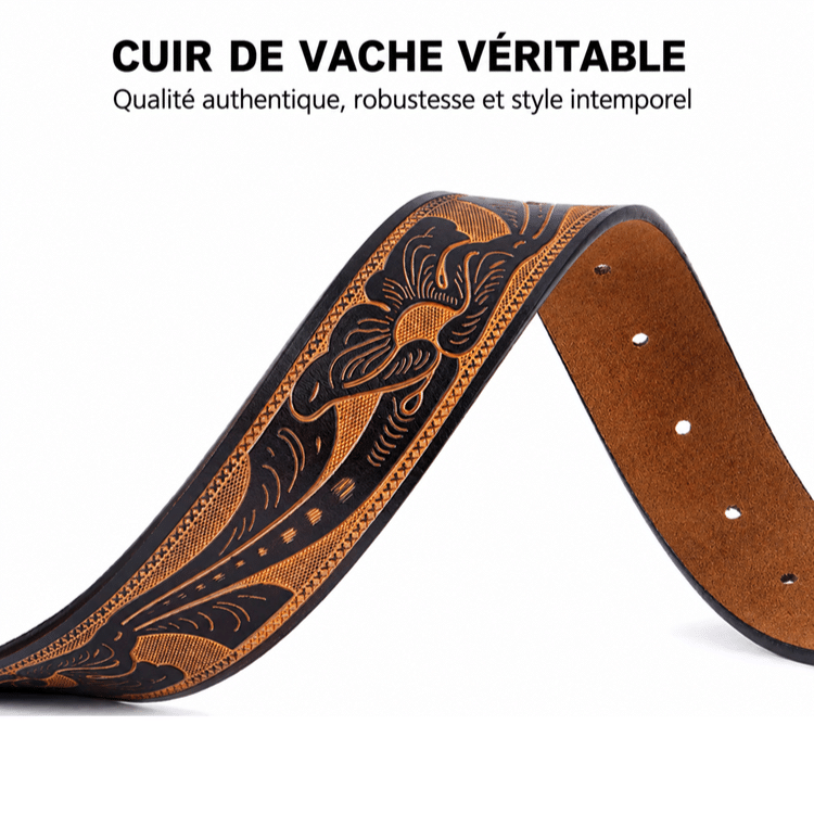 Ceinture cowboy marron cognac motifs western sans boucle (2)