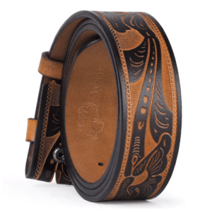 Ceinture cowboy marron cognac motifs western sans boucle