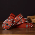 Ceinture western cuir bordeaux clous et grande boucle ovale (1)
