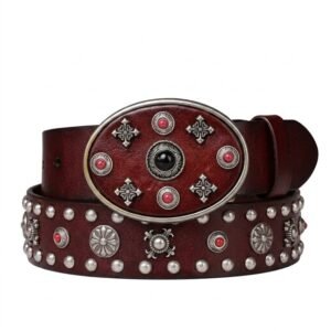 Ceinture western cuir bordeaux clous et grande boucle ovale