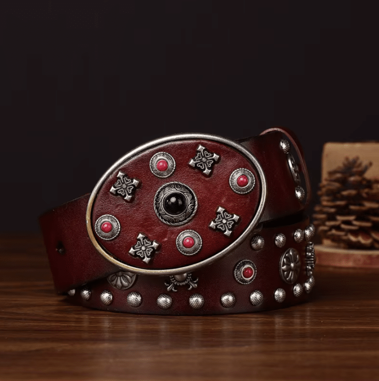 Ceinture western cuir bordeaux clous et grande boucle ovale (2)