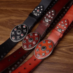 Ceinture western cuir bordeaux clous et grande boucle ovale (4)