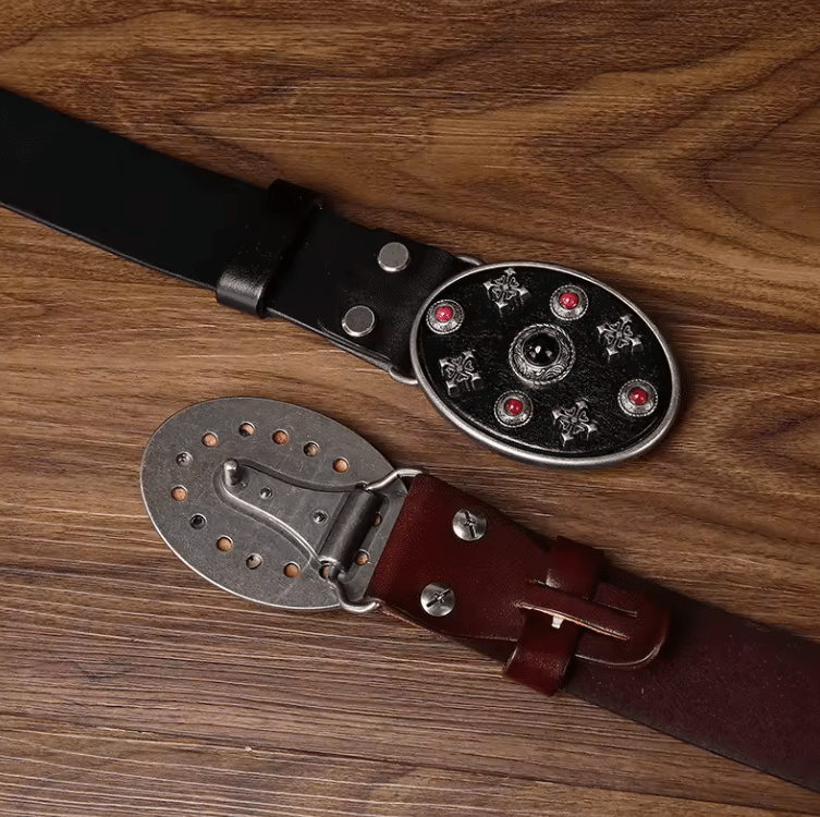 Ceinture western cuir bordeaux clous et grande boucle ovale (5)