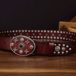 Ceinture western cuir bordeaux clous et grande boucle ovale (6)