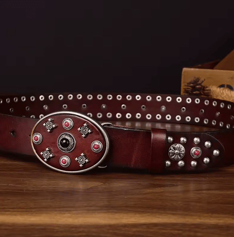 Ceinture western cuir bordeaux clous et grande boucle ovale (6)