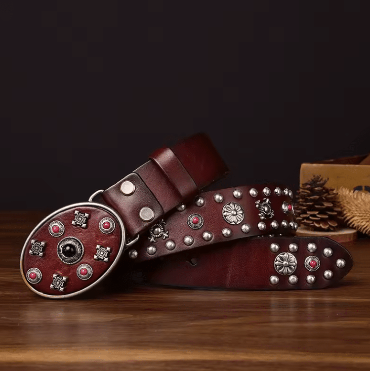 Ceinture western cuir bordeaux clous et grande boucle ovale (7)