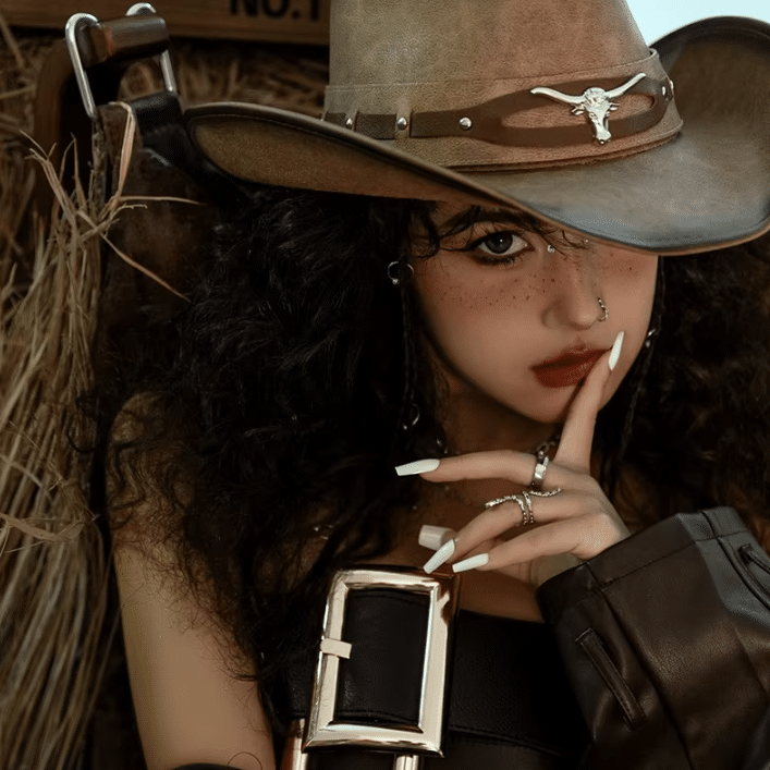 Chapeau cowboy femme​ en cuir motif taureau (6)