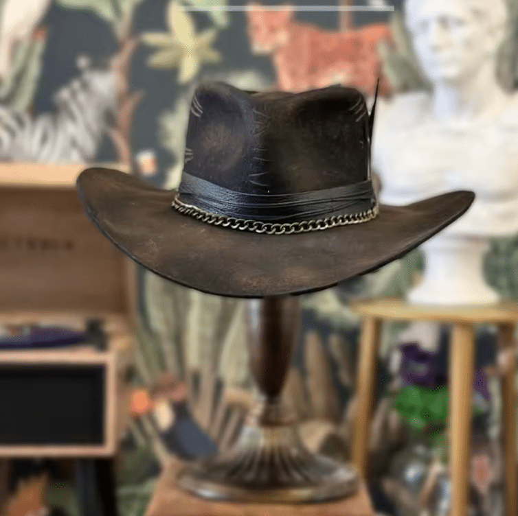 Chapeau de cowboy homme vintage fait main marron patiné (2)