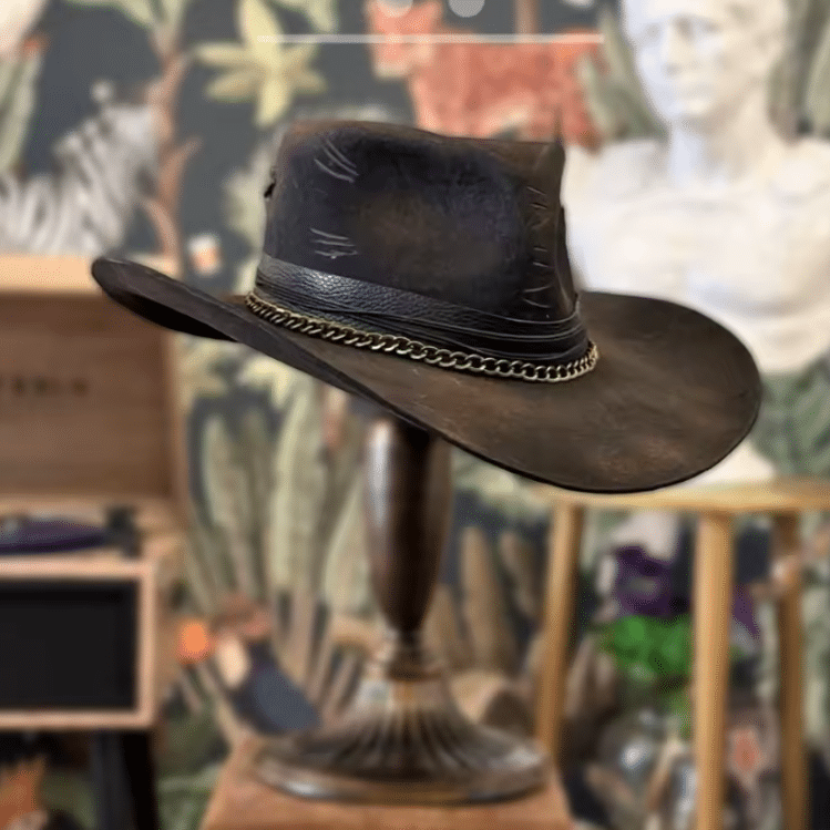 Chapeau de cowboy homme vintage fait main marron patiné (4)