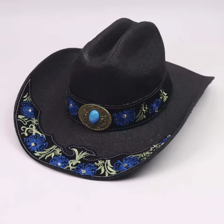 Chapeau de cowboy rodéo show noir décor bleu turquoise (1)