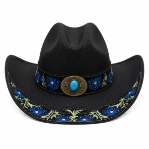 Chapeau de cowboy rodéo show noir décor bleu turquoise