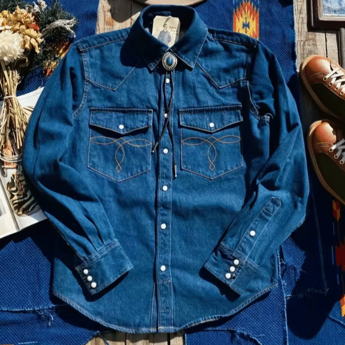 Chemise cowboy homme coton bleu broderies western (12)