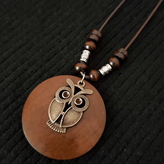 Collier hibou avec pendentif rond marron (1)