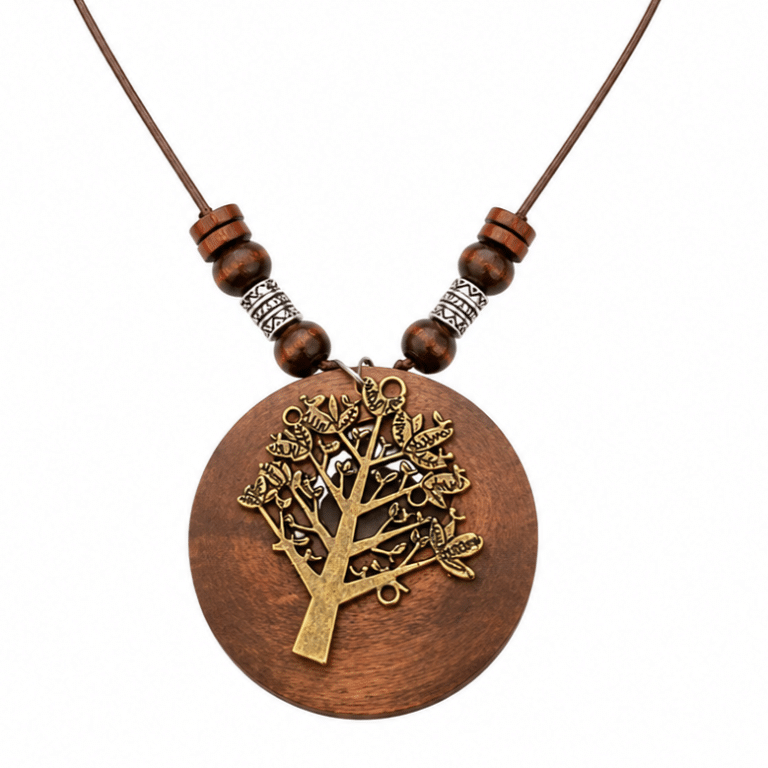Collier western arbre de vie à médaillon bois (2)