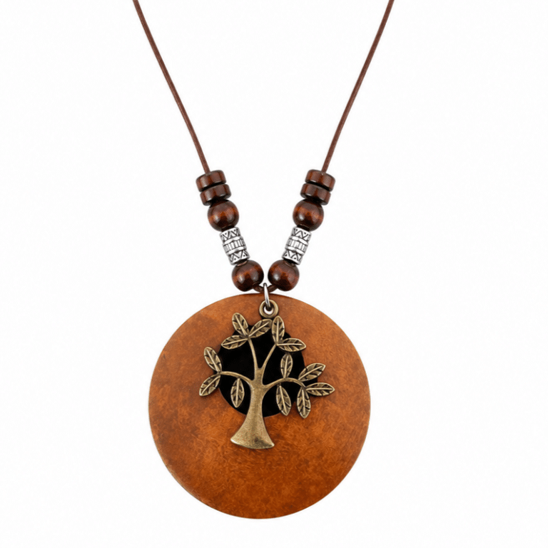 Collier western médaillon bois arbre feuillu bronze (1)