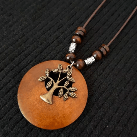 Collier western médaillon bois arbre feuillu bronze (2)