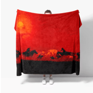 Couverture cowboy rouge et noire motif cavaliers