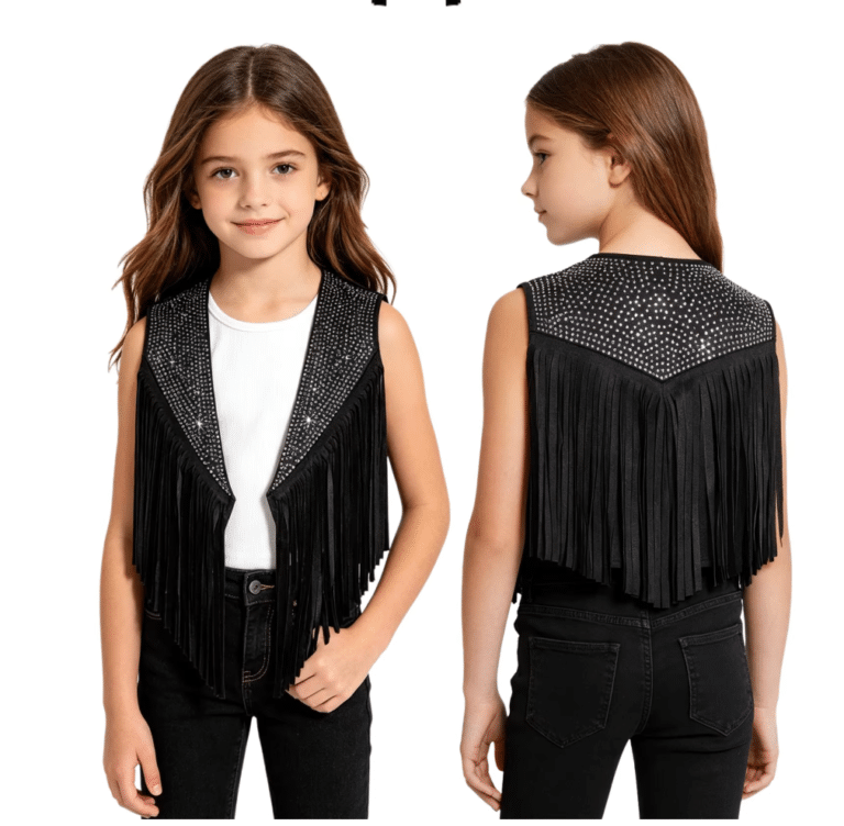 Gilet cowboy enfant noir franges strass (3)