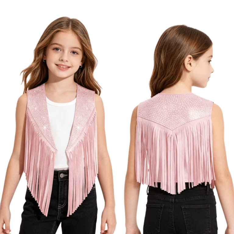 Gilet cowboy enfant rose franges strass (2)