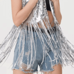 Gilet cowboy femme argenté paillettes longues franges (1)
