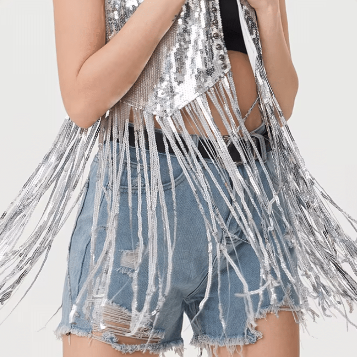 Gilet cowboy femme argenté paillettes longues franges (1)