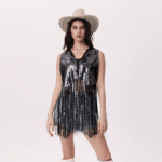 Gilet cowboy femme argenté paillettes longues franges