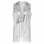 Gilet cowboy femme argenté paillettes longues franges (3)
