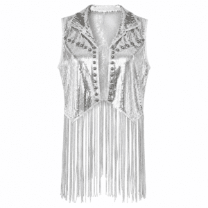 Gilet cowboy femme argenté paillettes longues franges