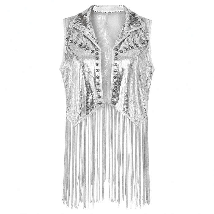 Gilet cowboy femme argenté paillettes longues franges (3)
