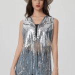 Gilet cowboy femme argenté paillettes longues franges (4)