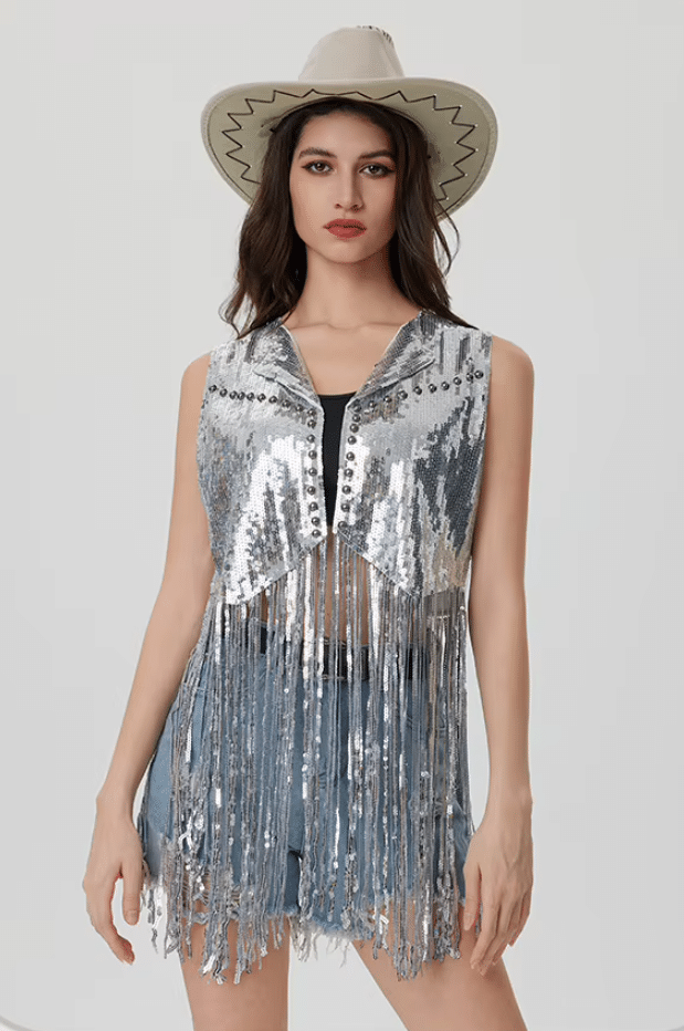 Gilet cowboy femme argenté paillettes longues franges (4)