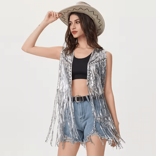 Gilet cowboy femme argenté paillettes longues franges (5)